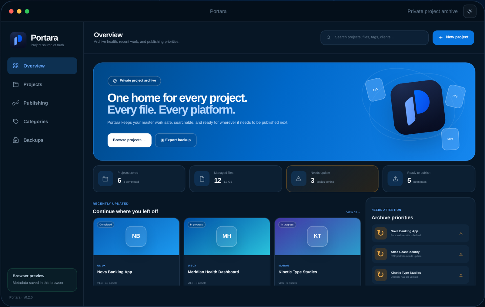Portara v0.2.0 dark interface showing its overview dashboard